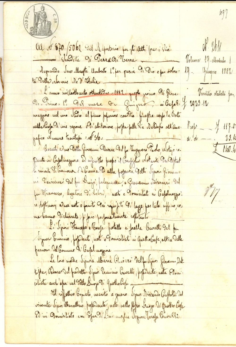 Documento originale, autentico 1882 QUATTRO CASE CR Famiglia CAVALLI vende campo bosco a Giuseppina VALLARI 1
