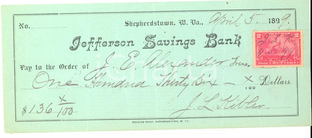 Oggetto da collezione cartaceo 1899 SHEPHERDSTOWN USA Assegno bancario JEFFERSON SAVINGS BANK 1