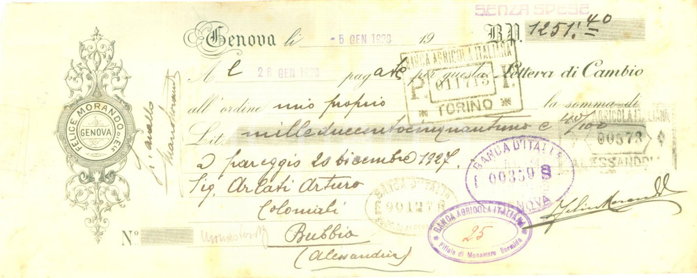 Documento originale, autentico 1928 GENOVA Ditta Felice MORANDO di Ele  Cambiale pubblicitaria 1