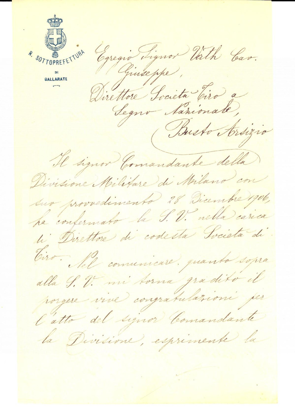 Manoscritto, lettera originale 1907 GALLARATE (VA) Sottoprefetto DE BONIS al direttore Tiro a Segno Nazionale 1