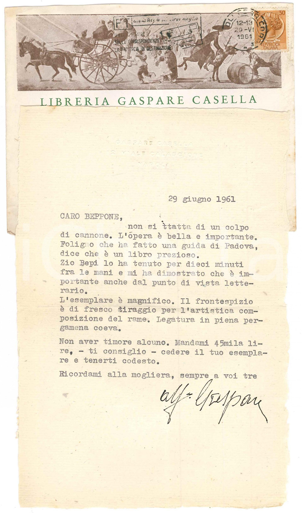 Autografo originale 1961 NAPOLI Libraio Gaspare CASELLA  Lettera su un opera di pregio Autografo 1