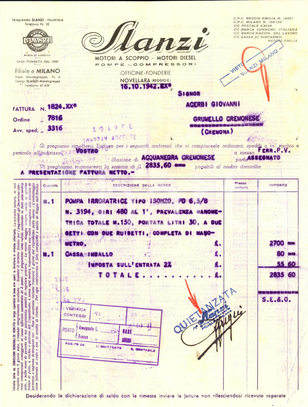Documento originale, autentico 1942 NOVELLARA RE Officine fonderie SLANZI  Motori pompe compressori Fattura 1