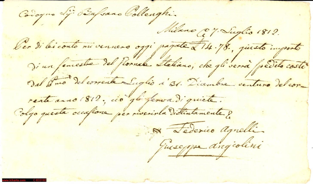 Documento originale, autentico 1812 MILANO Abbonamento al GIORNALE ITALIANO di FEDERICO AGNELLI Ricevuta 1