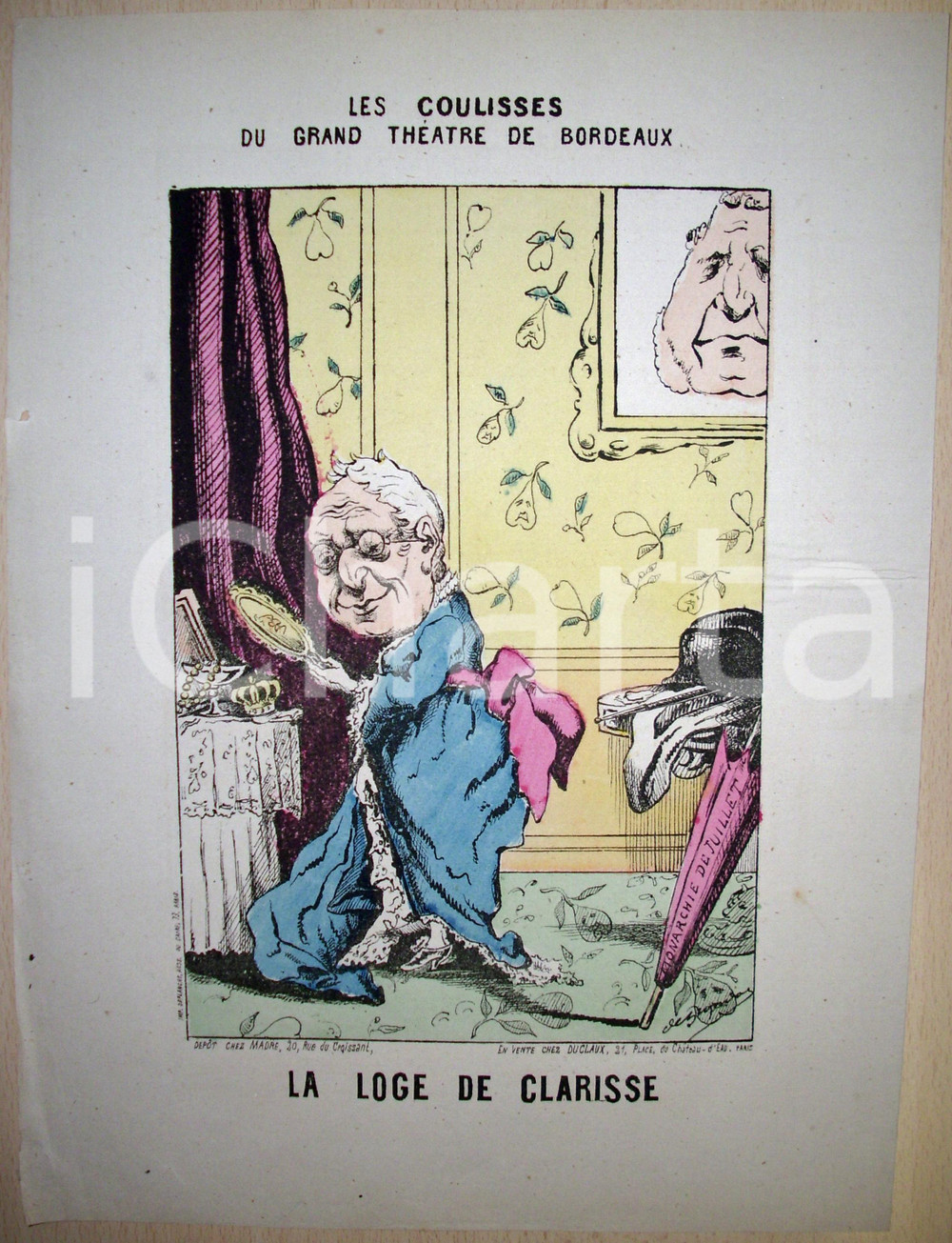 Stampa, bozzetto originale 1871 Caricatura Les Coulisses du Grand ThÃ©Ã¢tre BORDEAUX 1