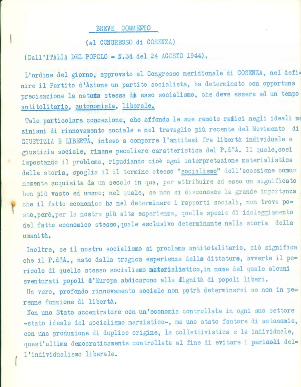 Documento originale, autentico 1965 ca Leo VALIANI Natura del Partito d Azione Congresso COSENZA Dattiloscritto 1