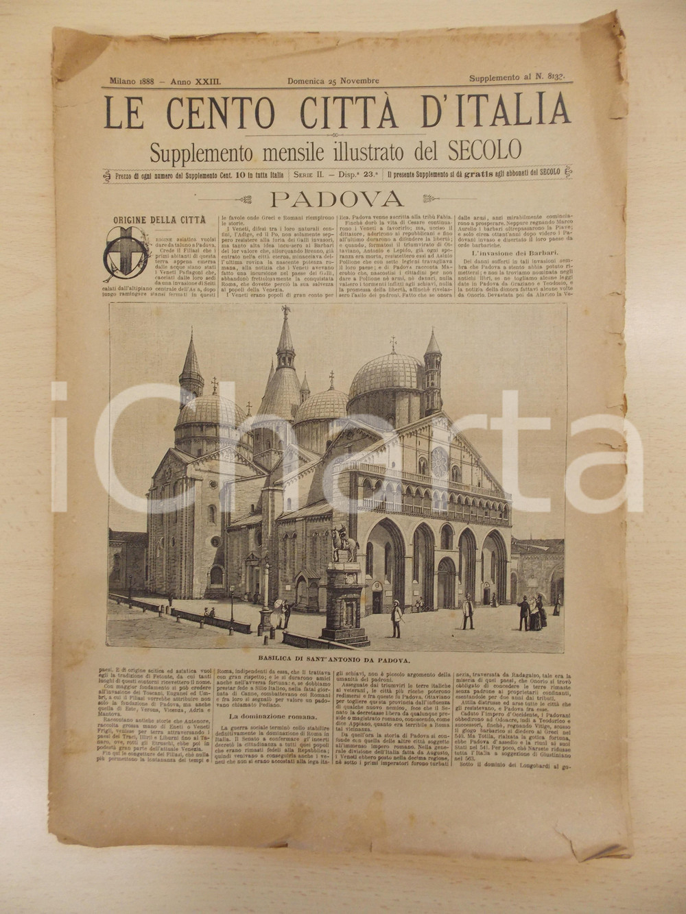 Giornale, rivista storica 1888 CENTO CITTÃ€ D ITALIA Basilica Sant Antonio da PADOVA Supplemento n.8132 1