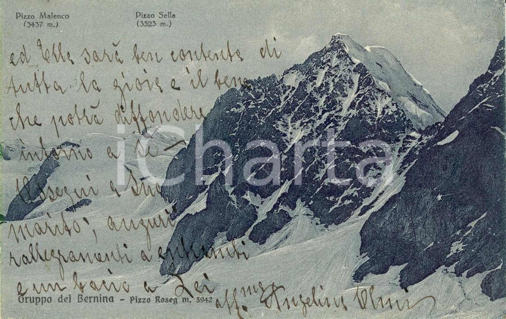 Cartolina originale da collezione 1919 PIZZO ROSEG (CH) Gruppo BERNINA Veduta dei pizzi MALENCO e SELLA *FP VG 1