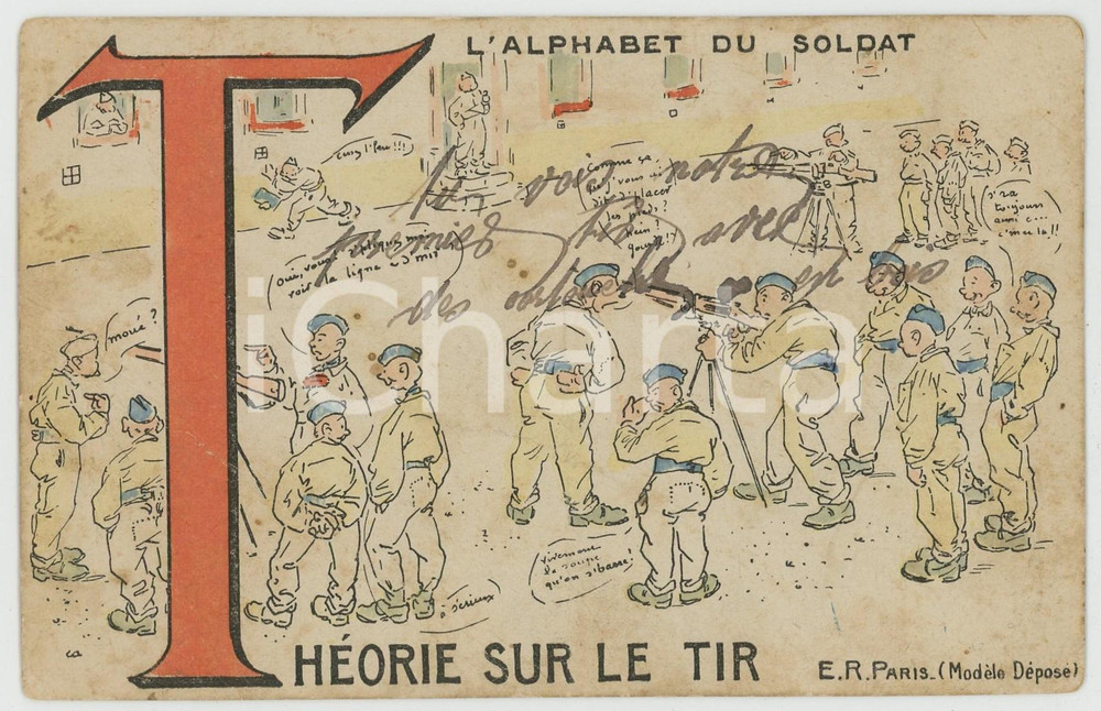 1914 ALPHABET DU SOLDAT Théorie sur le tir - Carte postale ILLUSTRÉE FP NV  Cartolina postale d'epoca, non viaggiata ma con nota manoscritta al verso. POOR/danneggiato Smussature agli angoli, piegatura al margine inferiore, bruniture Formato: FP originale e autentica 1