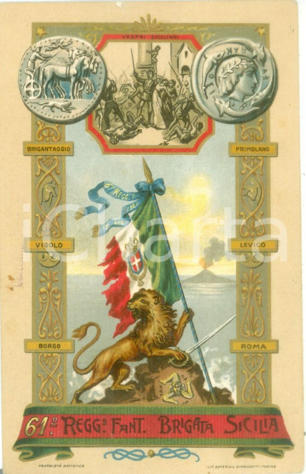 Cartolina originale da collezione 1930 ca 61Â° Reggimento Fanteria BRIGATA SICILIA Cartolina ILLUSTRATA FP NV 1