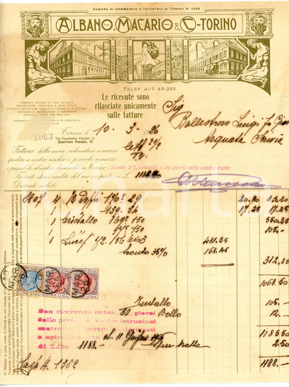 1926 TORINO - Albano MACARIO & C. via Ferrari 11 - Vetrate artistiche  *Fattura Fattura commerciale d'epoca, manoscritta, su carta intestata illustrata.Torino - via Gauenzio Ferrari, 11CONDIZIONI: F (piegature d'epoca, piccolo strappo al lato superiore)    originale e autentica 1