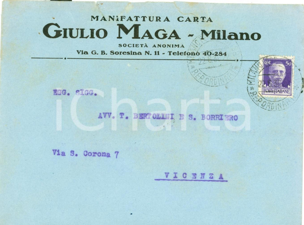 Manoscritto, lettera originale 1936 MILANO Manifattura Carta GIULIO MAGA Busta viaggiata 1
