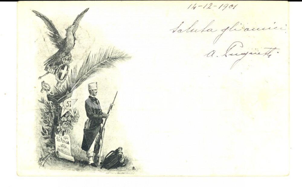 Cartolina originale da collezione 1901 Cartolina 57Â° Reggimento Fanteria *A. PUGNETTI Ill. P. Calabria FP VG 1