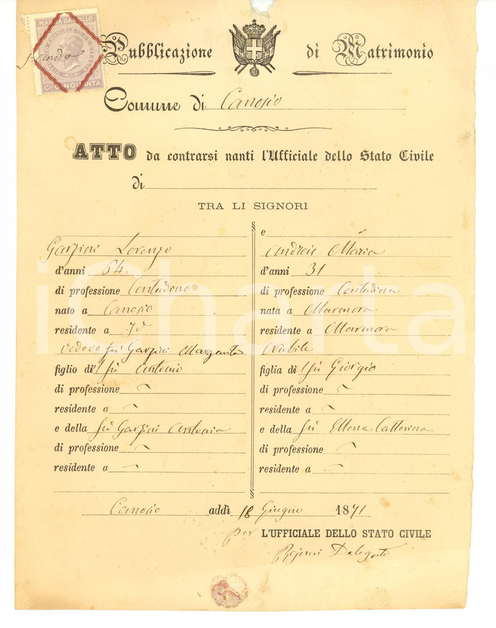 Documento originale, autentico 1871 CANOSIO CN Nozze vedovo Lorenzo GARZINI e giovane Maria ANDREIS 1