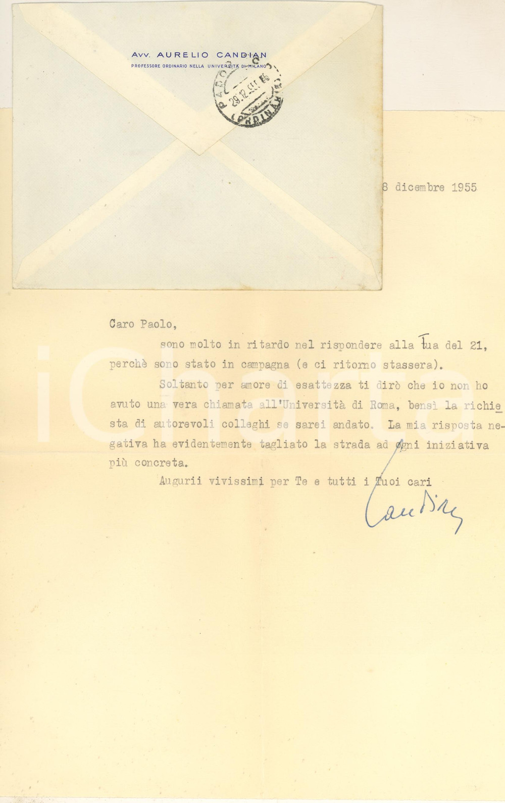 Autografo originale 1955 MILANO Aurelio CANDIAN  Chiamata dall UniversitÃ  di Roma Autografo 1