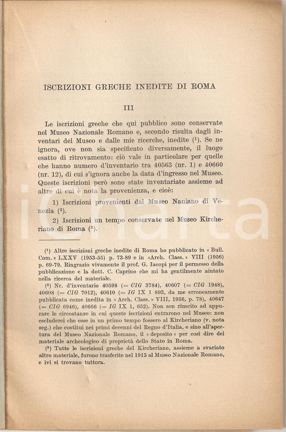 Oggetto da collezione cartaceo 1958 Luigi MORETTI Iscrizioni Greche inedite di ROMA 1
