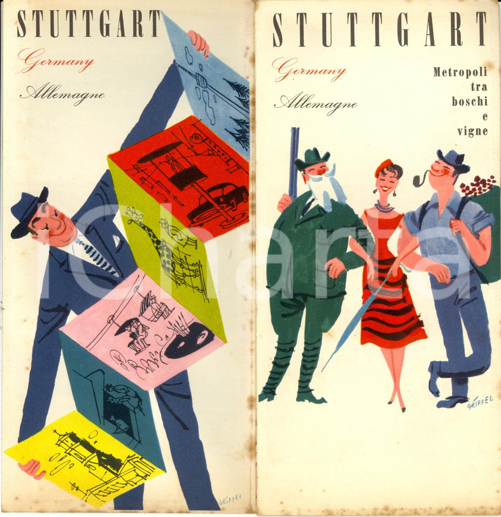 Materiale pubblicitario d’epoca 1955 ca STUTTGART D Metropoli tra boschi e vigne Mappa della città ILLUSTRATA 1
