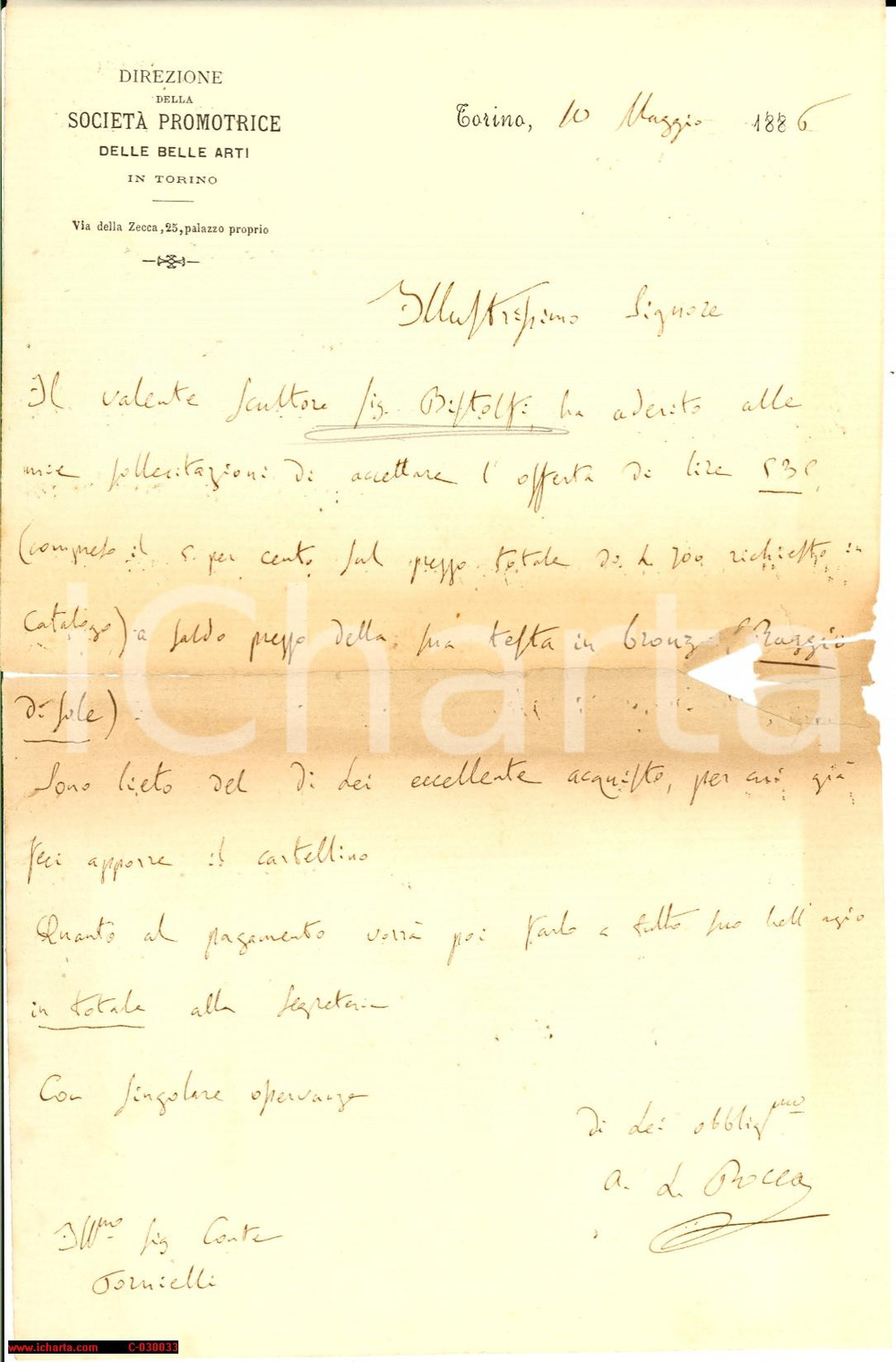 Manoscritto, lettera originale 1886 TORINO Luigi ROCCA vende scultura di Leonardo BISTOLFI DANNEGGIATO 1