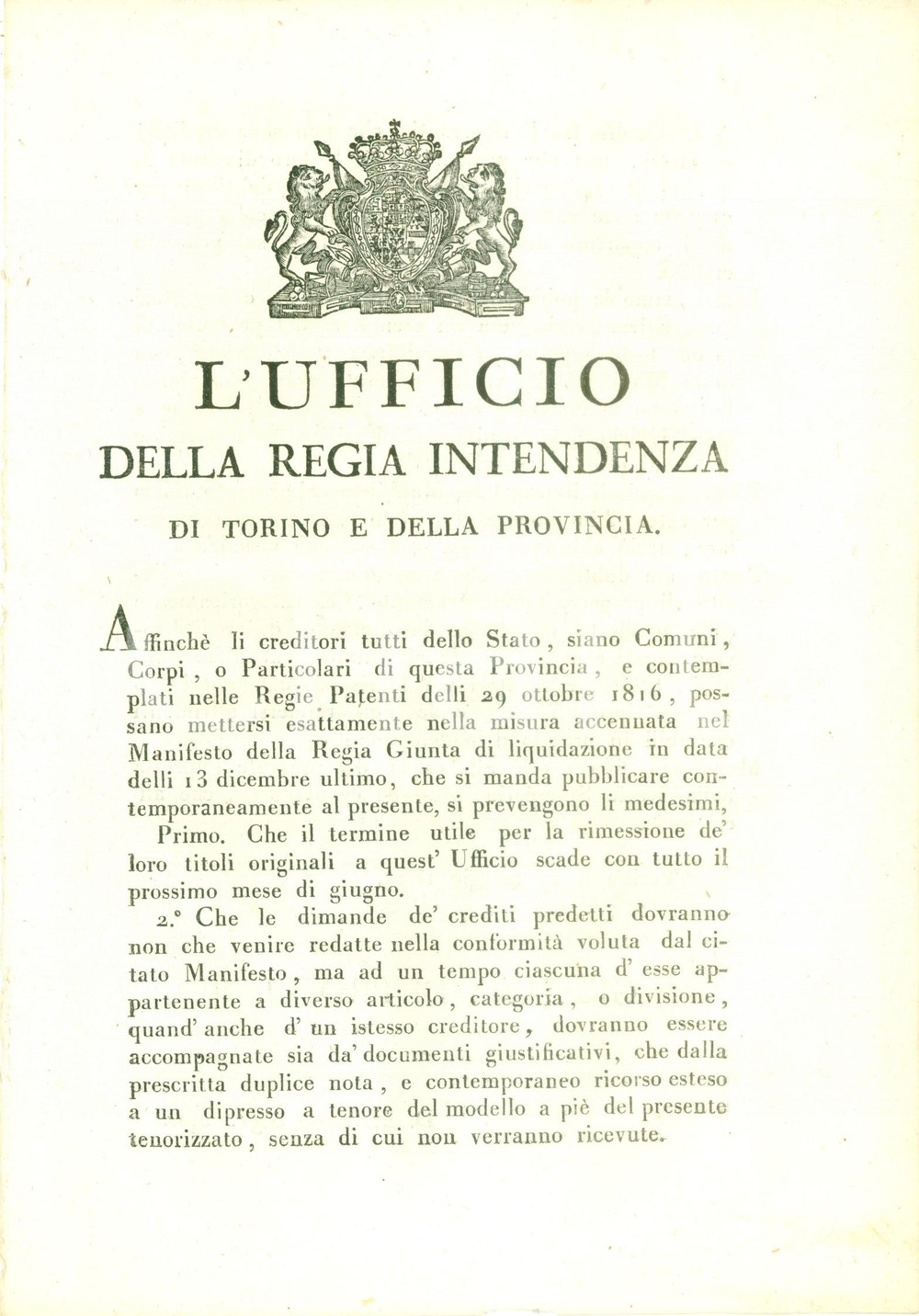 Documento originale, autentico 1817 TORINO Liquidazione dei crediti verso il REGNO DI SARDEGNA Documento 1