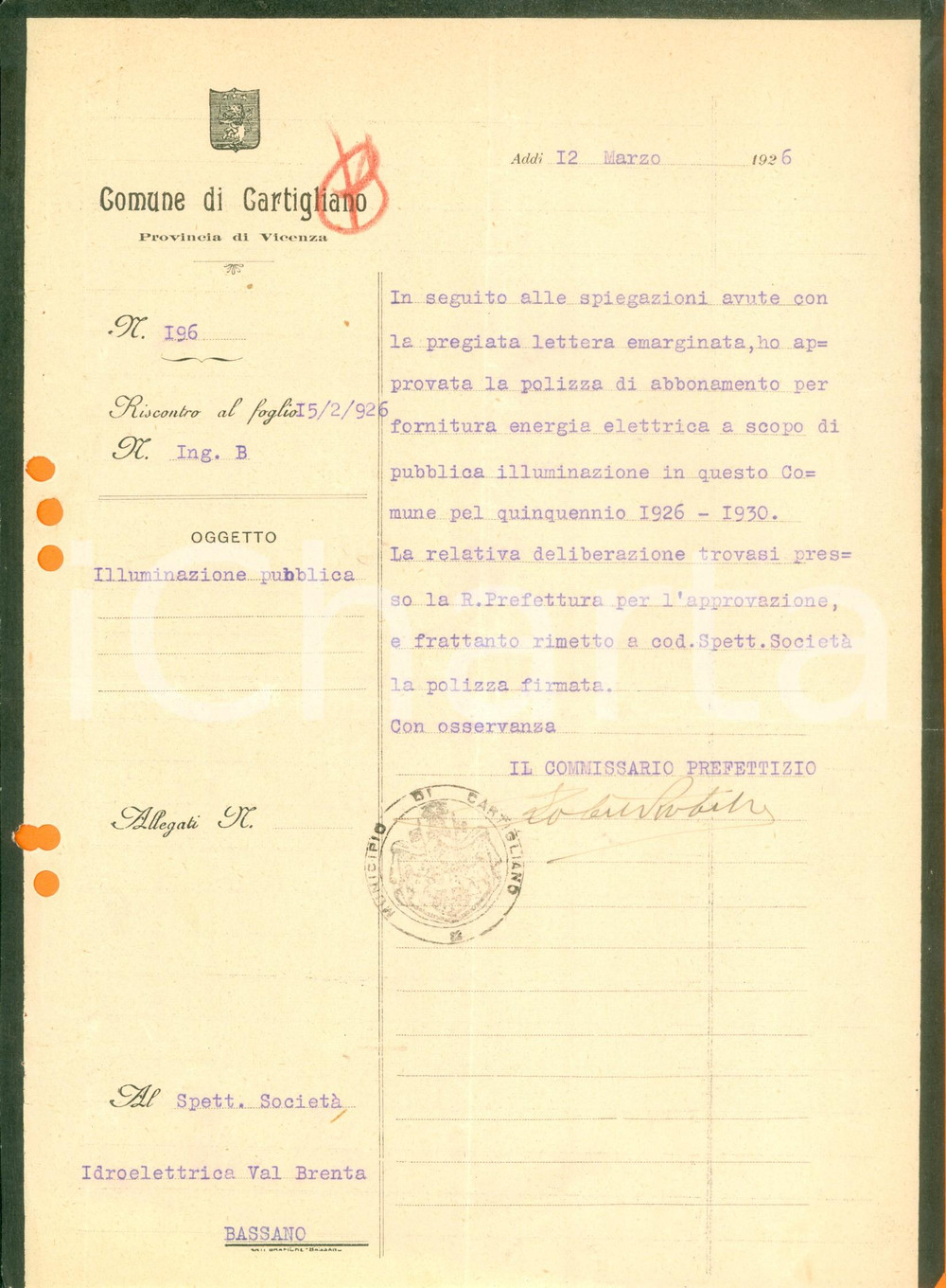 Documento originale, autentico 1926 CARTIGLIANO (VC) SocietÃ  Idroelettrica VAL BRENTA illuminazione pubblica 1