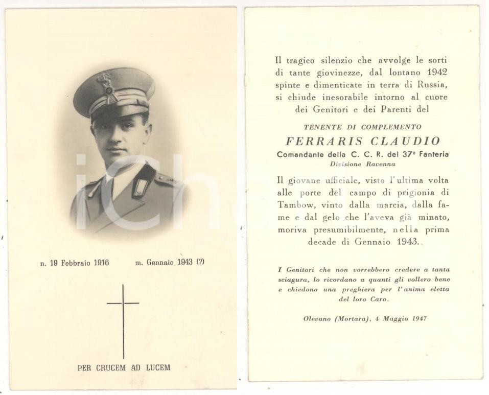 Fotografia d epoca originale 1947 OLEVANO PV Tenente Claudio FERRARIS caduto in RUSSIA: biglietto ricordo 1