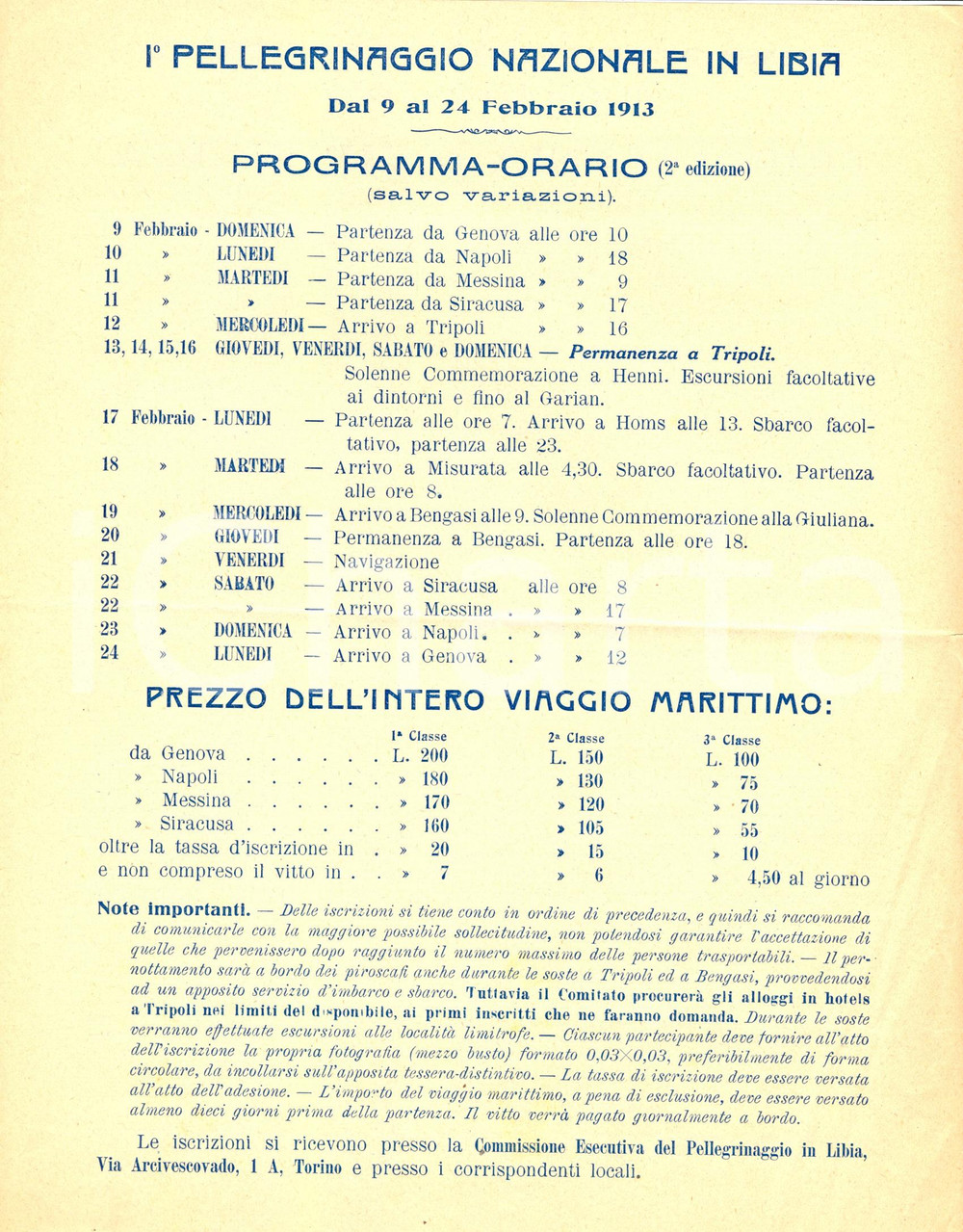 Documento originale, autentico 1913 TORINO Primo Pellegrinaggio Nazionale in LIBIA Caduti CIRENAICA Documento 1