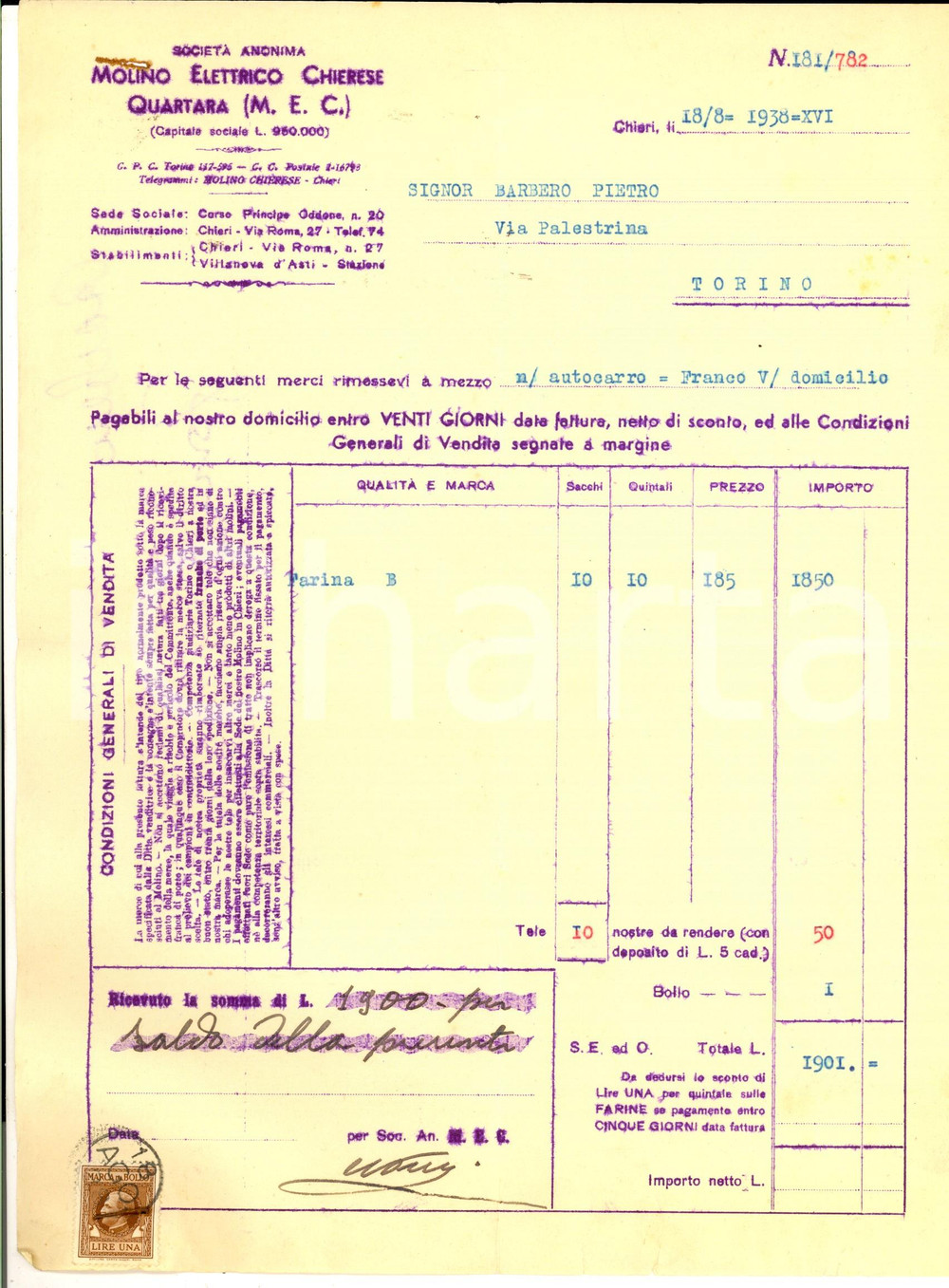 Documento originale, autentico 1938 CHIERI TO Molino elettrico chierese QUARTARA Fattura intestata 1