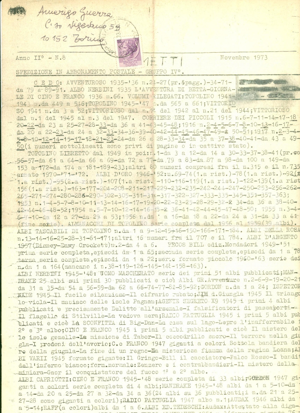 1973 IMPERIA Catalogo ciclostilato di fumetti d'epoca *Documento