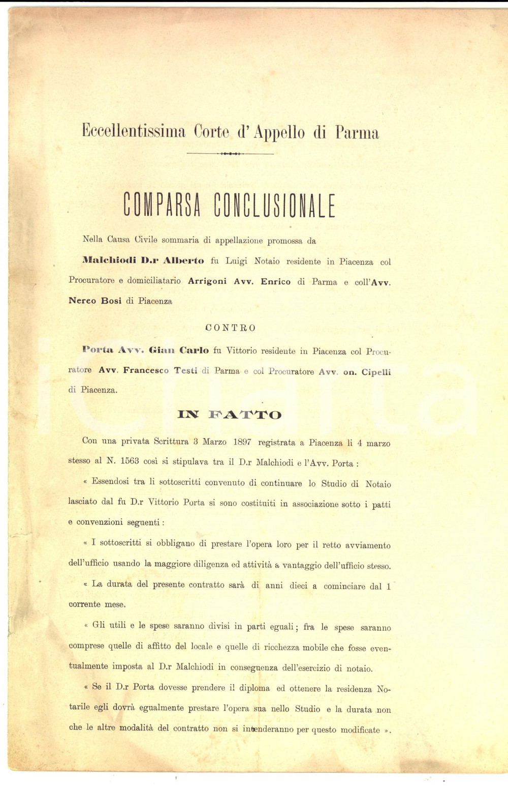 Documento originale, autentico 1902 PIACENZA Lite tra ex soci notai Alberto MALCHIODI e Gian Carlo PORTA 1