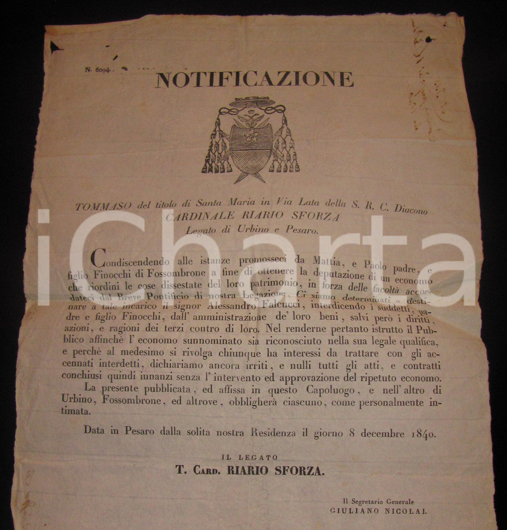 Documento originale, autentico 1840 FOSSOMBRONE PU Alessandro FALCUCCI amministratore dei FINOCCHI Manifesto 1