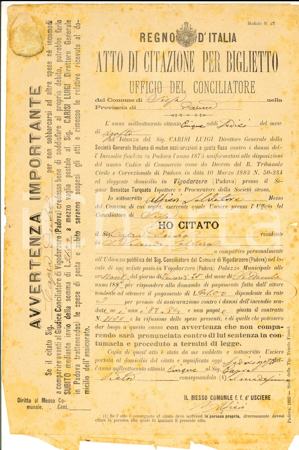 Documento originale, autentico 1885 SISSA (PR) Atto citazione contro Salvatore ALFIERI per premio assicurazione 1