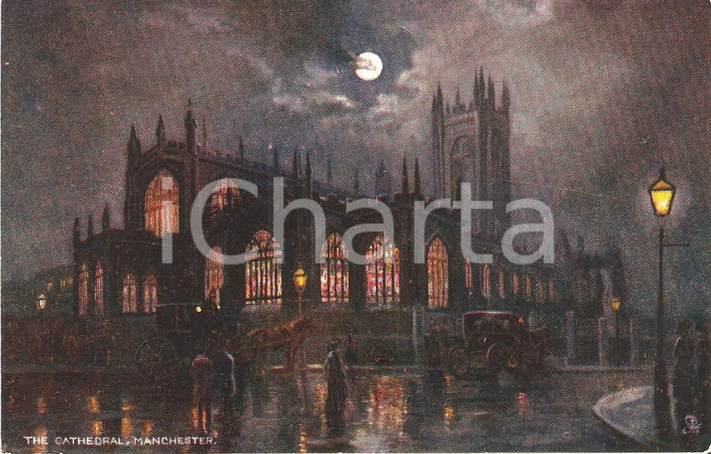 Cartolina originale da collezione 1930 MANCHESTER by Night La CATTEDRALE FP NV illustrata 1
