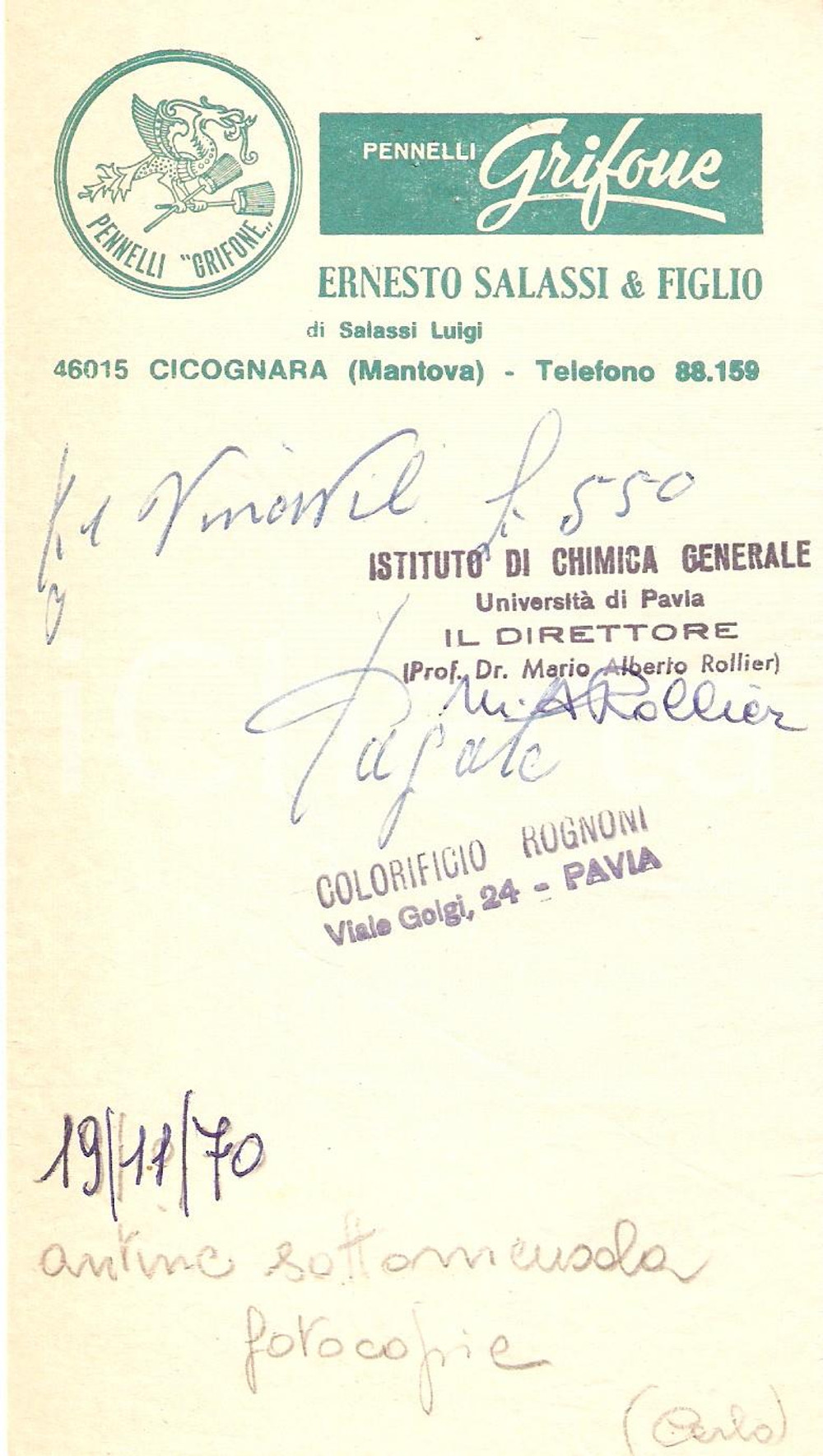 Materiale pubblicitario d’epoca 1970 CICOGNARA (MN) Pennelli GRIFONE di Ernesto SALASSI *Ricevuta 10x17 cm 1