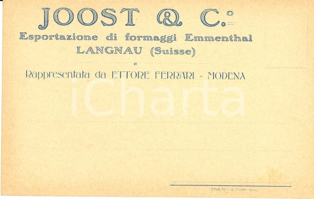 Cartolina originale da collezione 1930 ca LANGNAU Ditta JOOST & C. Esportazione formaggi EMMENTHAL Intestata 1
