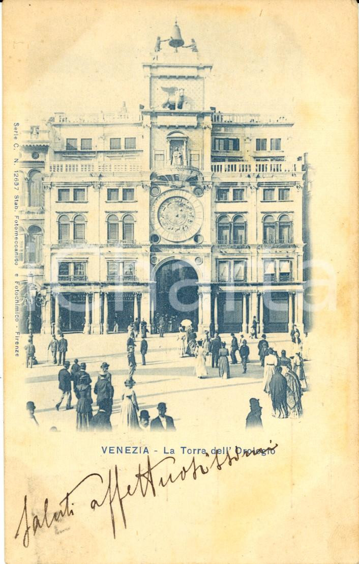 Cartolina originale da collezione 1908 VENEZIA La Torre dell Orologio in Piazza SAN MARCO Cartolina ANIMATA FP VG 1