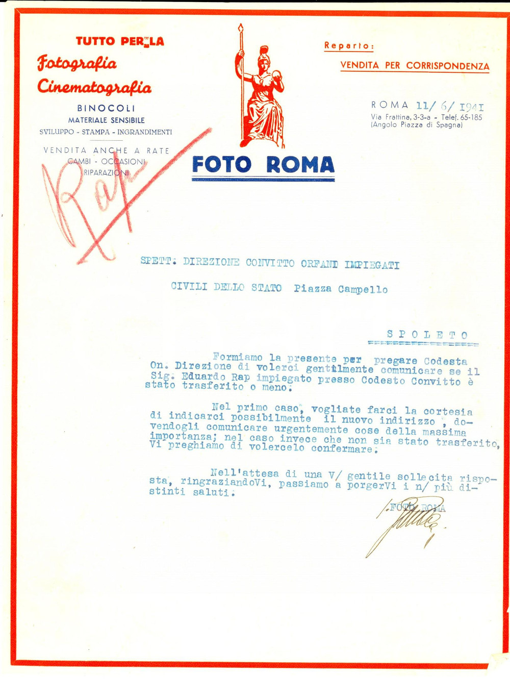 Documento originale, autentico 1941 ROMA Ditta FOTO ROMA Fotografia e cinematografia Lettera commerciale 1