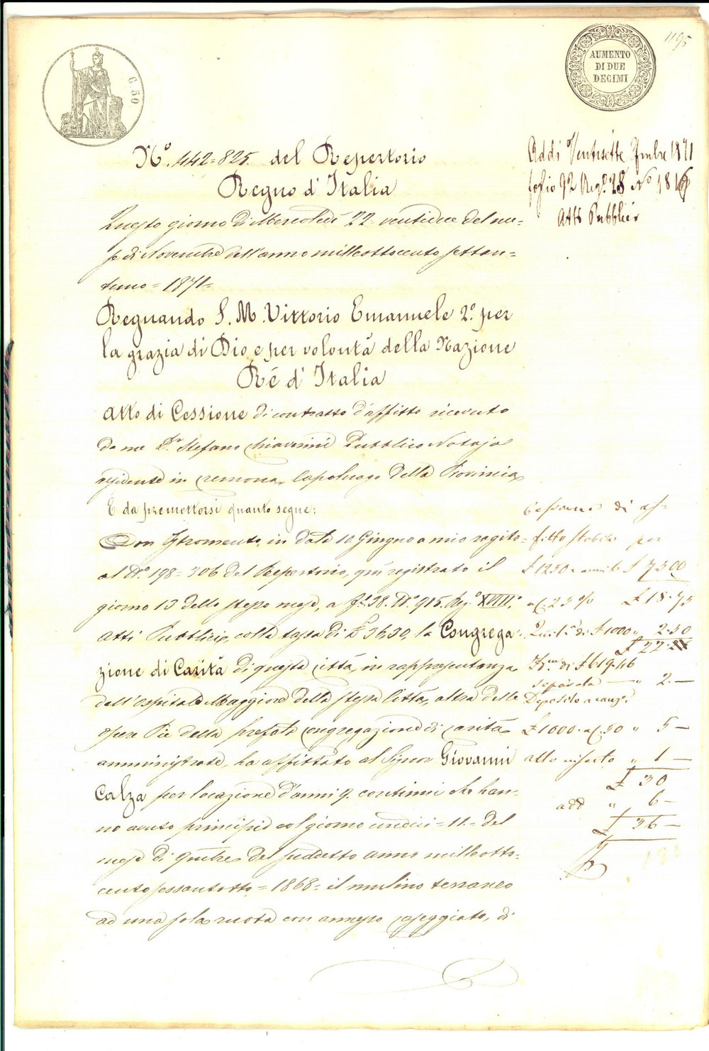 Documento originale, autentico 1871 CREMONA CORPI SANTI Giovanni CALZA cede locazione di mulino a Luigi BIZZI 1
