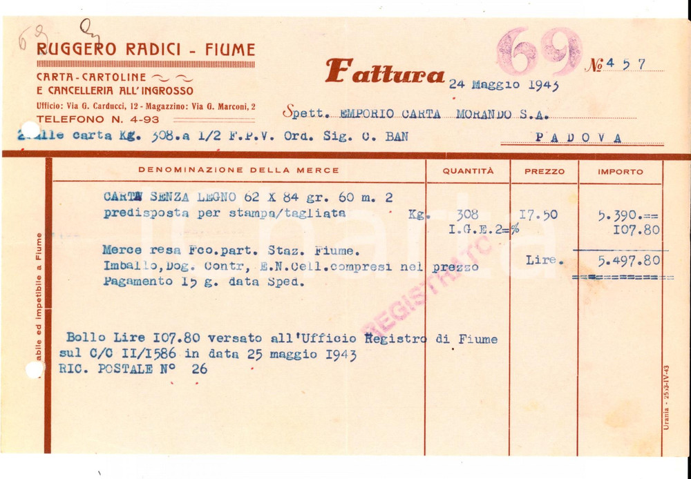 Documento originale, autentico 1943 FIUME (CROAZIA) Ditta Ruggero RADICI cartoline e cancelleria *Fattura 1