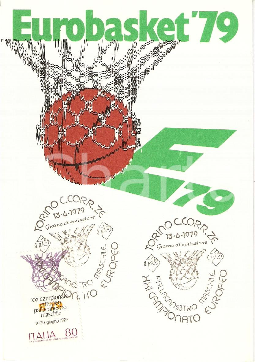 Cartolina originale da collezione 1979 TORINO Pallacanestro maschile EUROBASKET  79 Timbri primo giorno FG NV 1