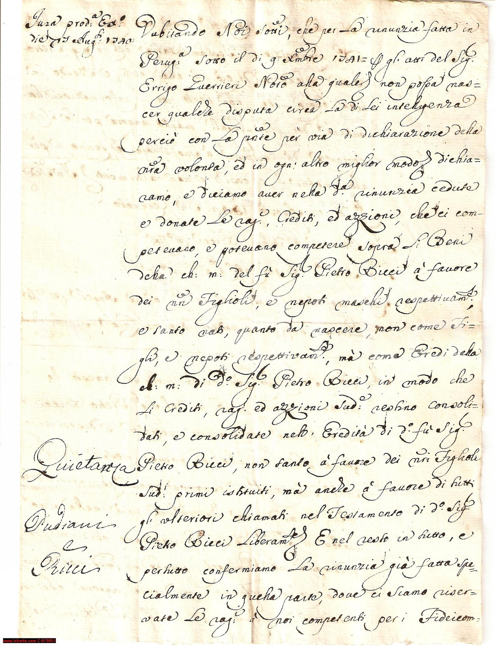 Manoscritto, lettera originale 1741 CERQUETO PG Fedecommesso eredi maschi Pietro RICCI 1