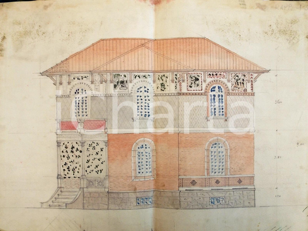 Stampa, bozzetto originale 1926 CANTU  Prospetto per VILLA MARELLI facciata DISEGNO A MANO 1