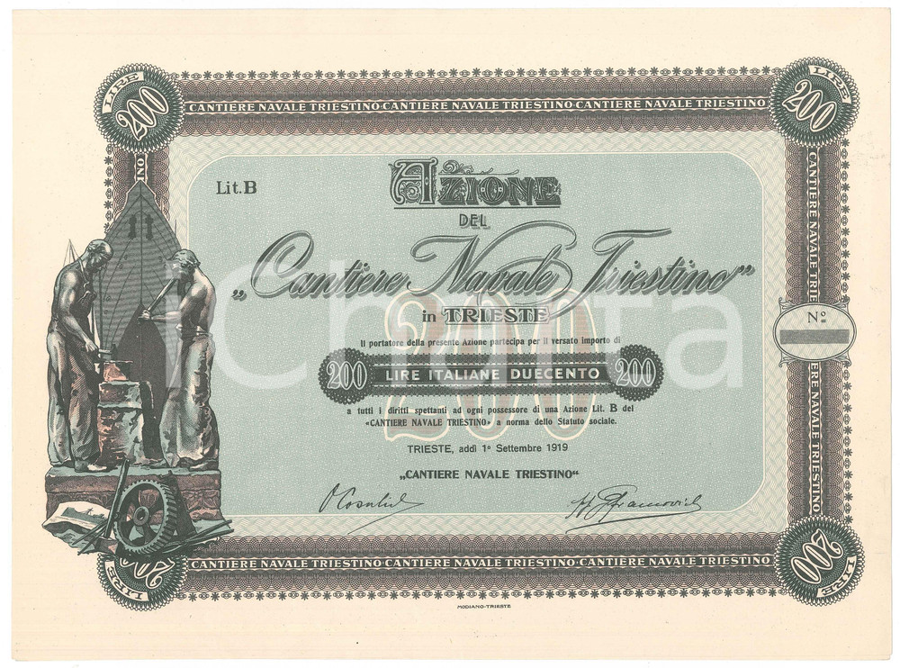 Oggetto da collezione cartaceo 1919 TRIESTE Cantiere Navale Triestino Certificato azionario ILLUSTRATO 1 1