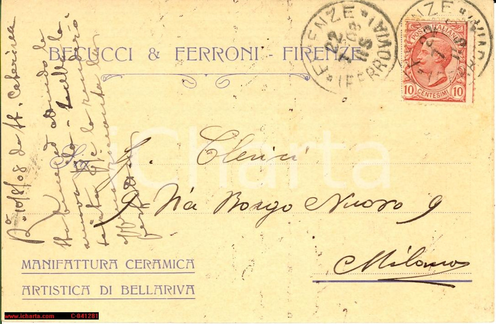 Cartolina originale da collezione 1908 FIRENZE Ceramiche artistiche BECUCCI & FERRONI FP 1