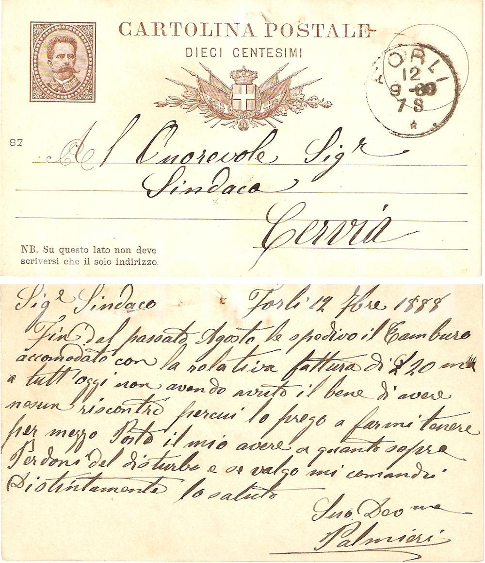 Cartolina originale da collezione 1888 CERVIA saldo PALMIERI per riparazione del tamburo 1