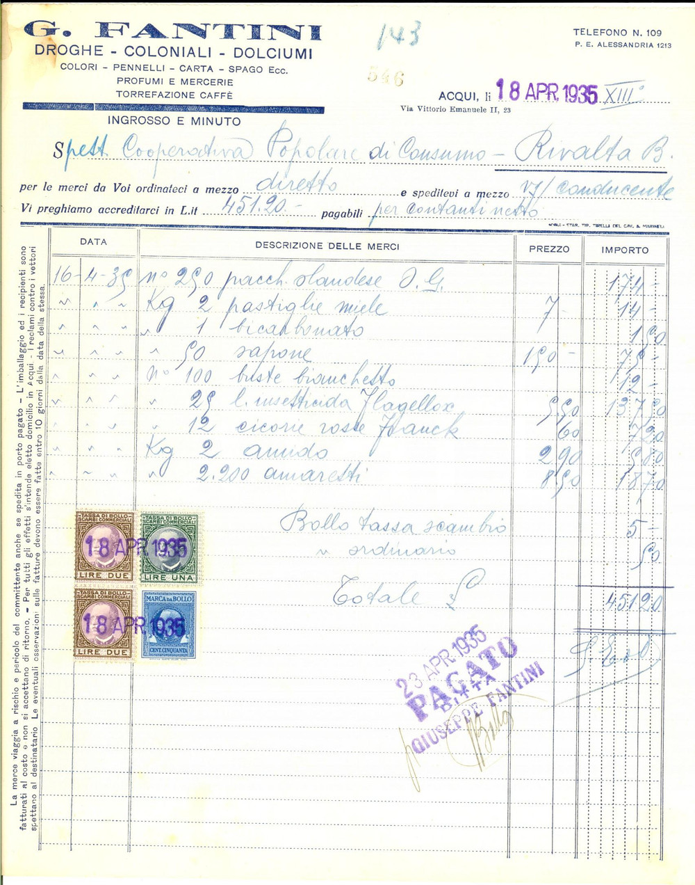 Documento originale, autentico 1935 ACQUI TERME AL Giuseppe FANTINI Droghe e coloniali Fattura 1