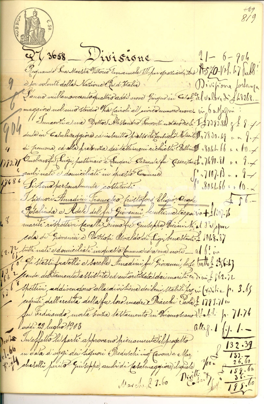 Documento originale, autentico 1904 CASALMAGGIORE CR Divisione ereditÃ  della defunta Paola BIACCHI AMADINI 1