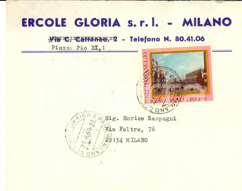 Cartolina originale da collezione 1969 STORIA POSTALE MILANO Busta Ercole GLORIA Francobollo CANALETTO L. 50 1