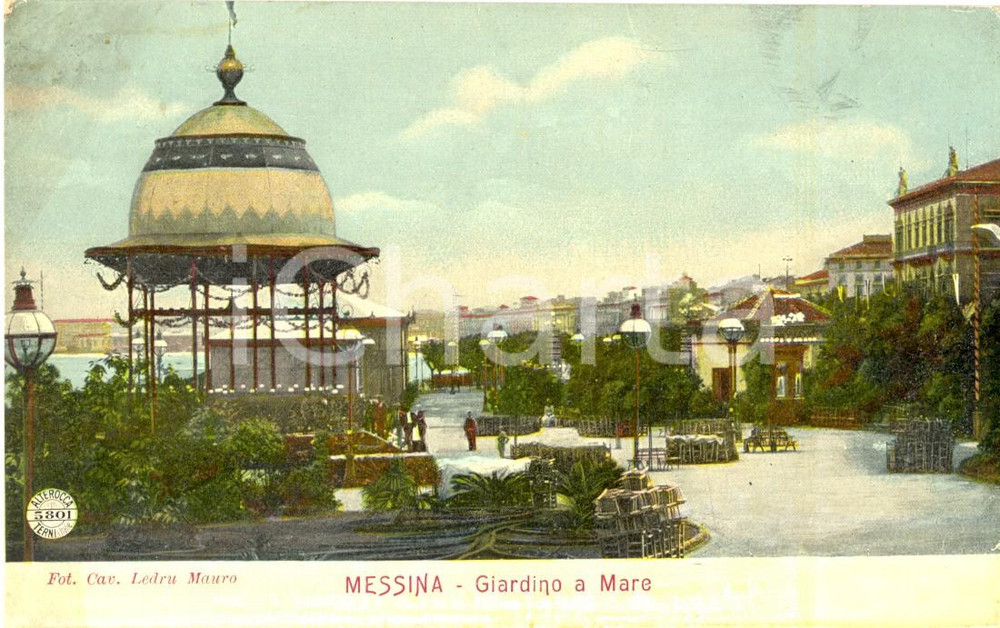 Cartolina originale da collezione 1909 MESSINA Giardino a mare Cartolina al barone Camillo MONTI FP VG 1