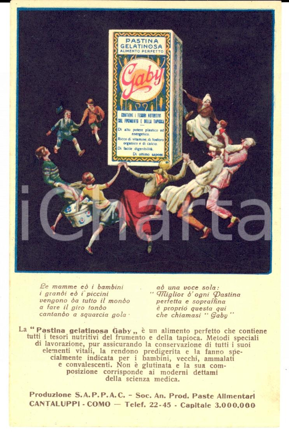 Cartolina originale da collezione 1930 COMO Ditta SAPPAC CANTALUPPI Pastina gelatinosa GABY *Pubblicitaria FP NV 1