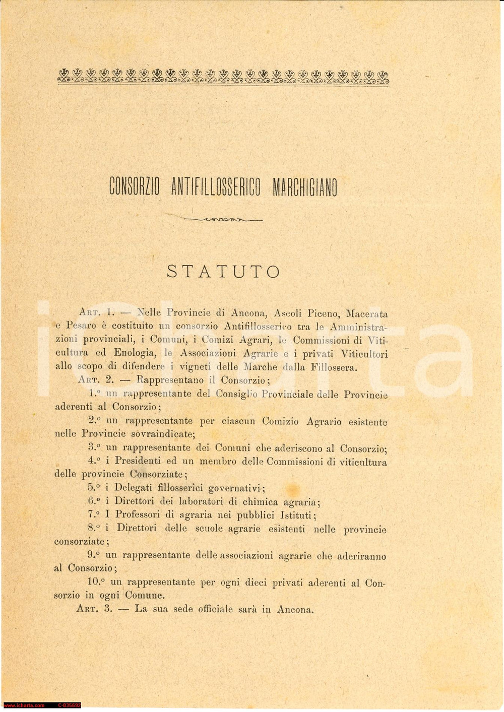 Documento originale, autentico 1892 Consorzio Antifilosserico Marchigiano STATUTO 1