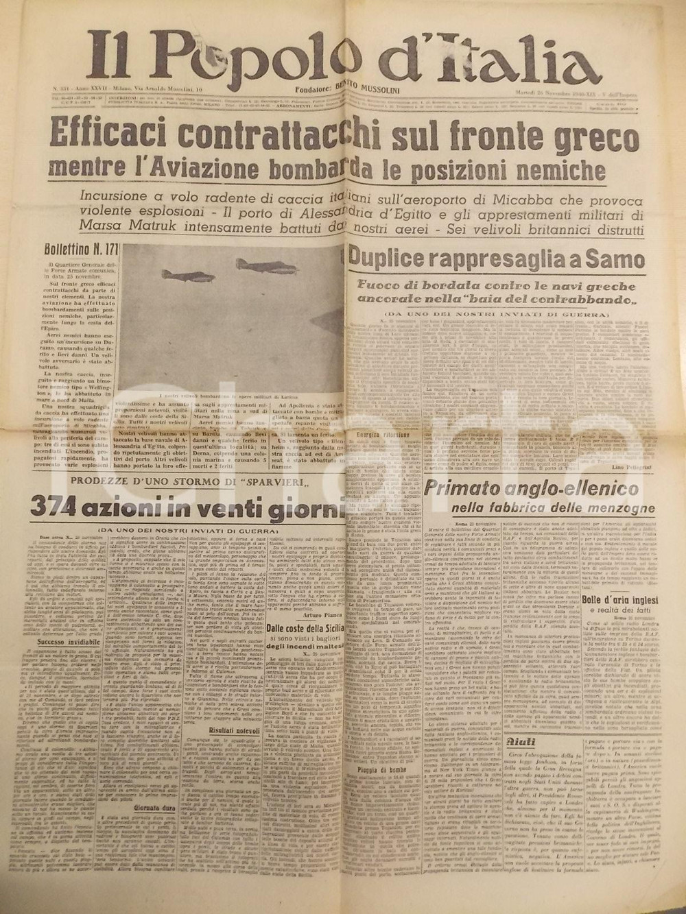 Giornale, rivista storica 1940 IL POPOLO D ITALIA L Aviazione bombarda sul fronte greco Giornale nÂ° 331 1